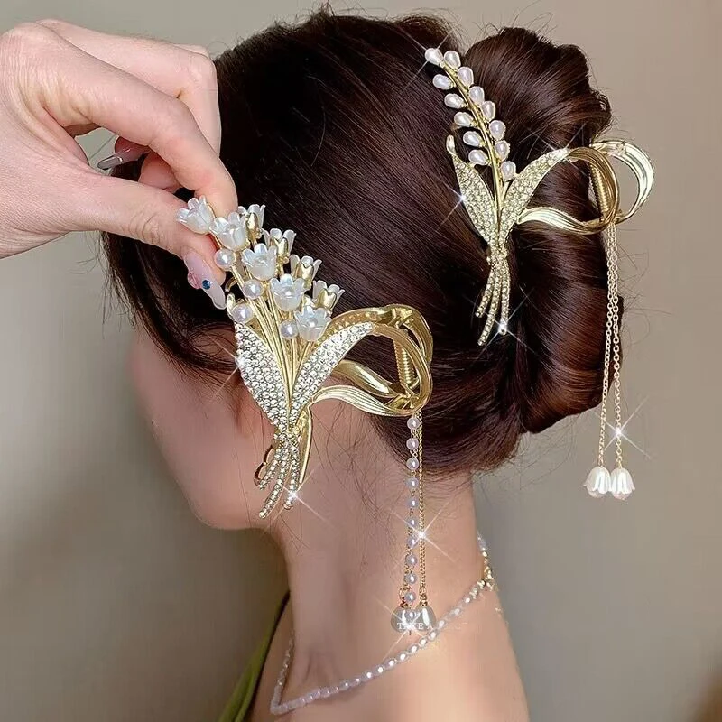 2023 New Wheat Pearl Tassel Hair Claw Clip Vintage Rhinestone Hairgrip Barrettes Antique Hairpin For Women Hair Accessories Gift