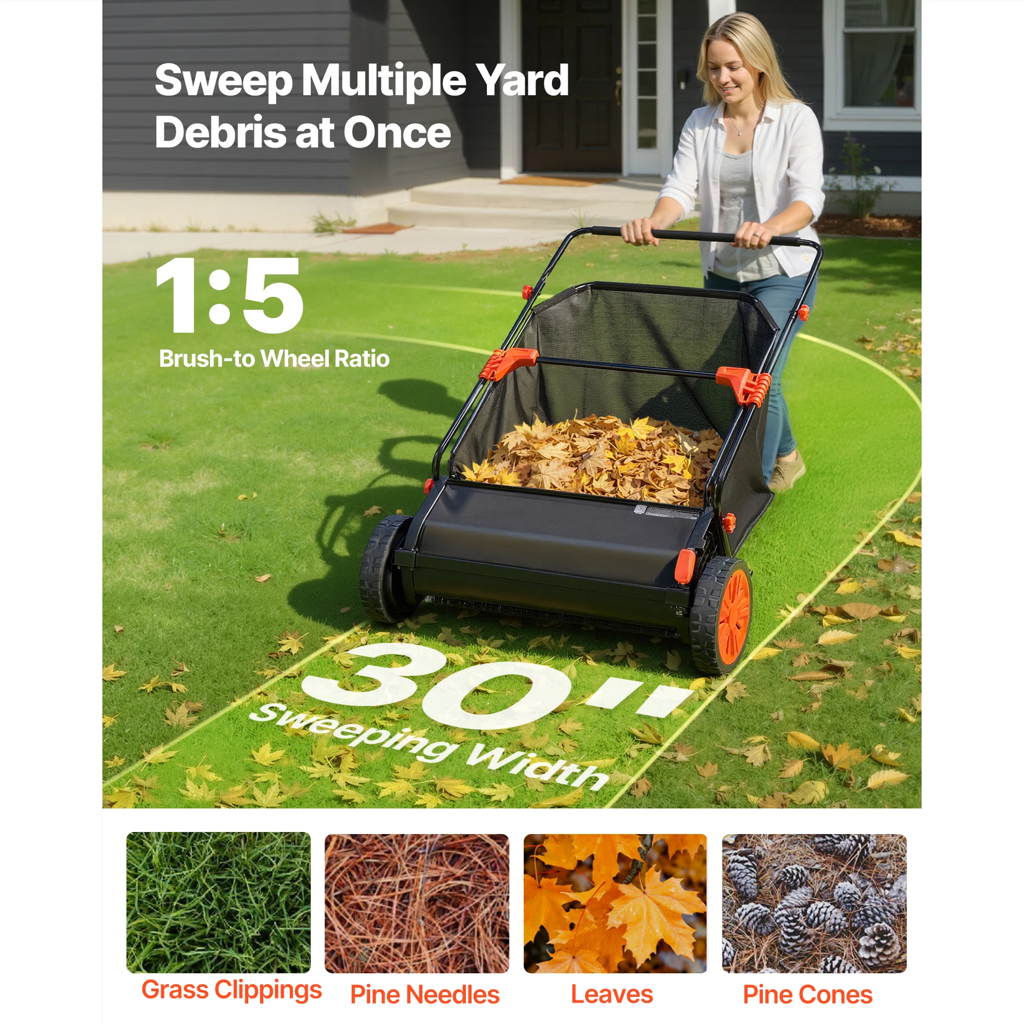 Push Lawn Sweeper, 30 in Leaf & Grass Collector with 12 cu. ft. Hopper Bag, Adjustable Brush Height & Spinning Brushes, Heavy-Duty Yard Sweeper with Rubber Wheels for Leaves Grass Cleanup