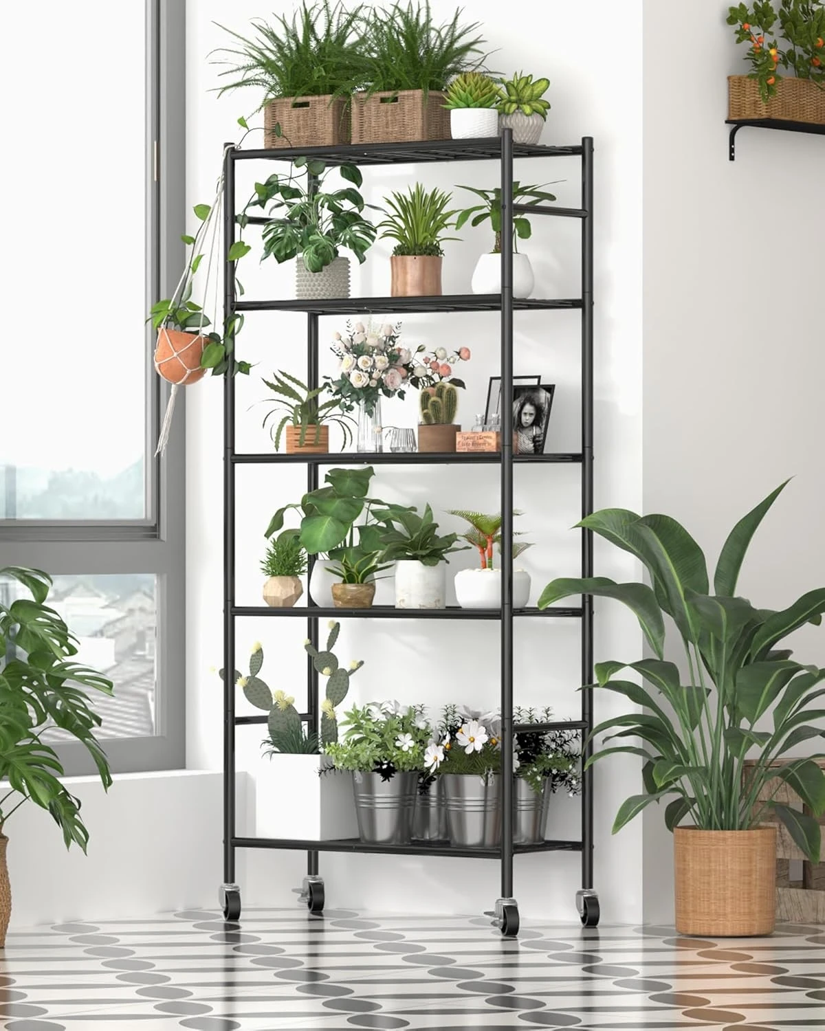 5-Tier Heavy Duty Metal Storage Shelf Organizer with Wheels & Adjustable Leveling Feet, Garage Shelving Unit for Kitchen Pantry Closet, Black, 33.1 x 12.6 x 73.5 Inch