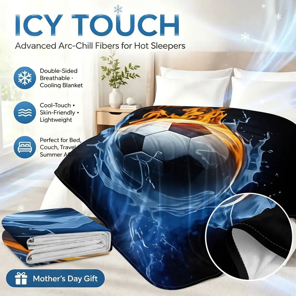 Cooling Summer Throw Blanket QMAX 0.3 Ice Cool Touch Fire Water Soccer Ball Print Moisture Wicking Air Condition Sofa Bed Decor