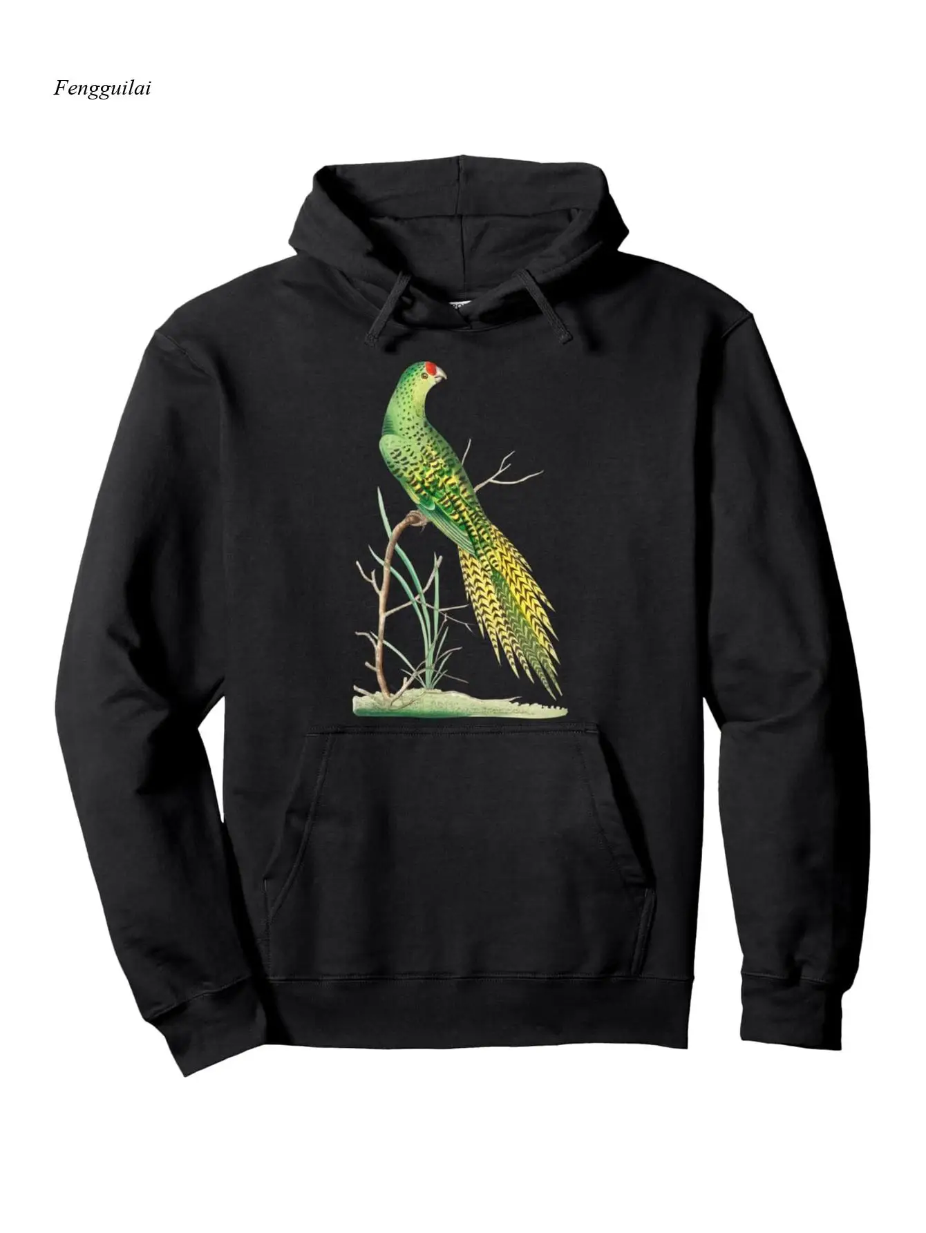 Felpa con cappuccio grafica vintage Eastern Ground Parrot - Felpa pullover nera con stampa di uccelli retrò con design con accento verde e rosso