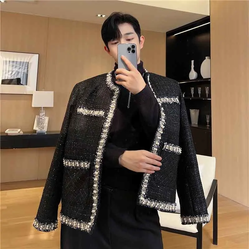 SYUHGFA Korean Style Luxury Jackets Men\'s Autumn Trend Weave Outerwear Personality Collarless Pearl Ribbon Niche Design Coat