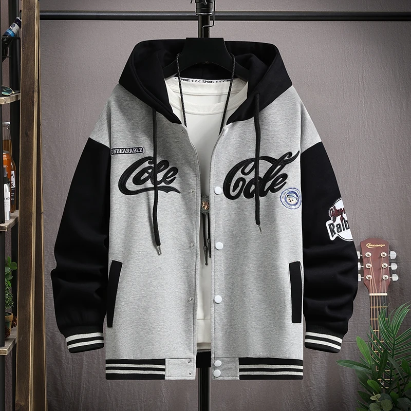 Men Hood Jacket American Style Hooded Baseball Coat Casual Spring Autumn Korean Version Loose Fit Couple Sportswear