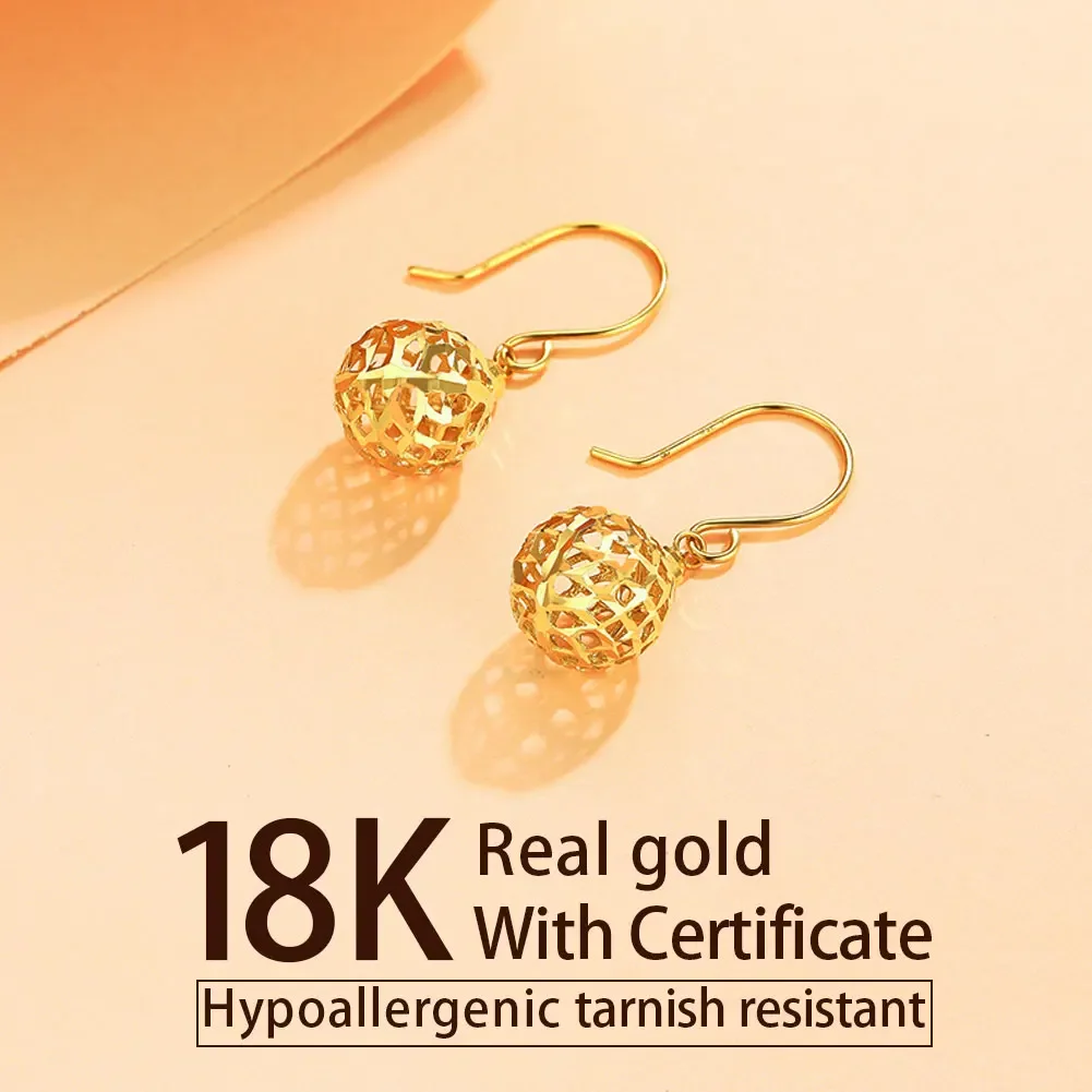 Solid 18k Gold Ball Earrings Dangle for Women Real Gold, Dainty Tiny Hollow Earrings Hooks Gift for Girl, Pure Gold Certificate