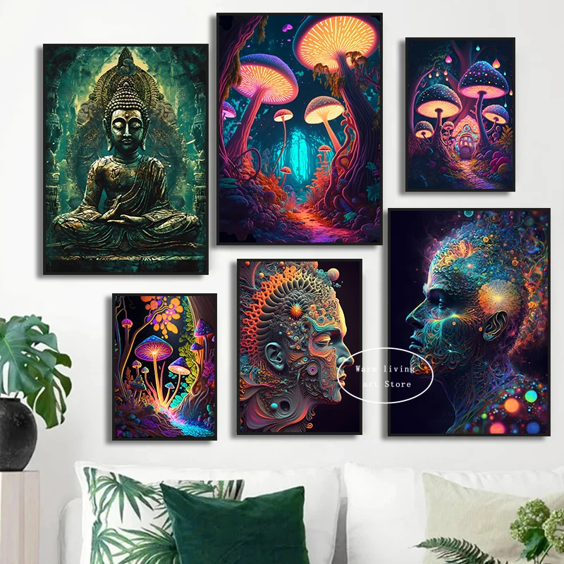 Psychedelic Mushrooms Poster Trippy Magic Forest Canvas Painting Fractal Dream Skull Buddha Zen Wall for Living Room Home Decor