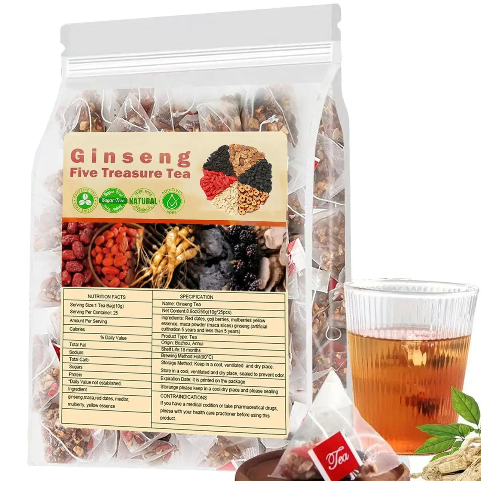 Ginseng Five Treasure Tea, Natural Organic Traditional Chinese Herbal Kidney Cleanse Detox Tea for Women & Men 10g*25 Sachets