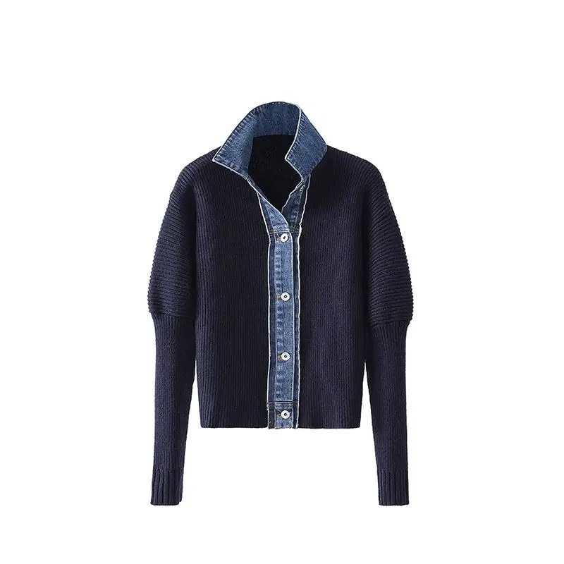 

Women's Spliced Denim Polo Collar Knitted Sweater Autumn New Casual Top Female Single Breasted Long Sleeved Knitted Pullover