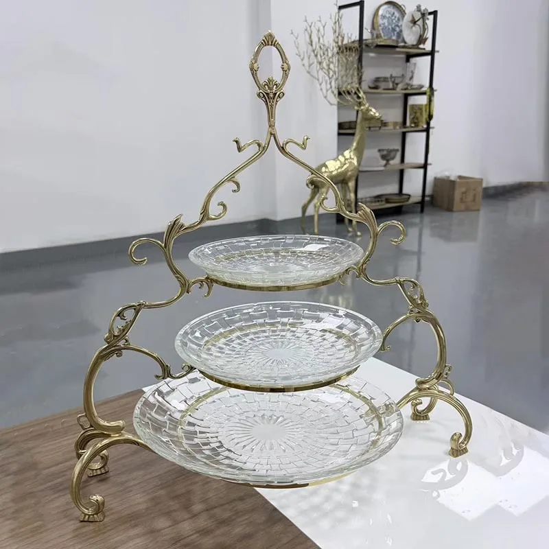 High-end light luxury brass crystal three-layer fruit plate European dining table coffee table fruit dessert table tray ornament