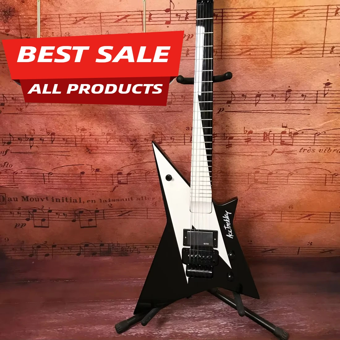 Wash AF-40 Ace Signature Electric Guitar, EMG81 Active Pickup, Kiss Band Black White Lightning Floyd Rose Metal Hot  Sale New