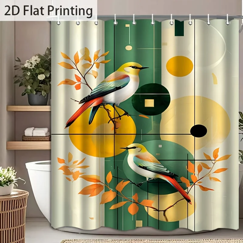 2D Flat, 1pc Modern Abstract Bird & Shower Curtain with Hooks - Colorful Bird and Fallen, Machine Washable Fabric Suitable for B