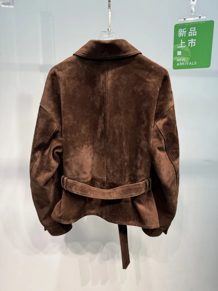 Suède geitenleer vintage cargojack dames enkele rij knopen hoge taille sjerpen streetwear echt leer motorfiets korte jas