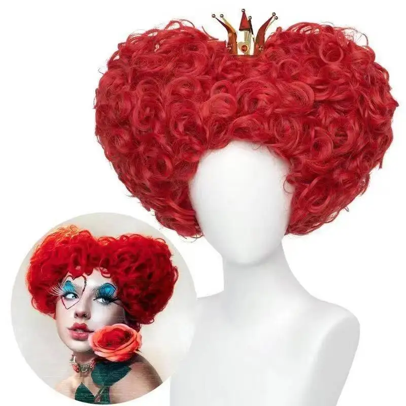 Heart Shape Alice Red Queen Cosplay Women Costume Wig for Halloween Christmas School Thanksgiving Day 10inch Curly