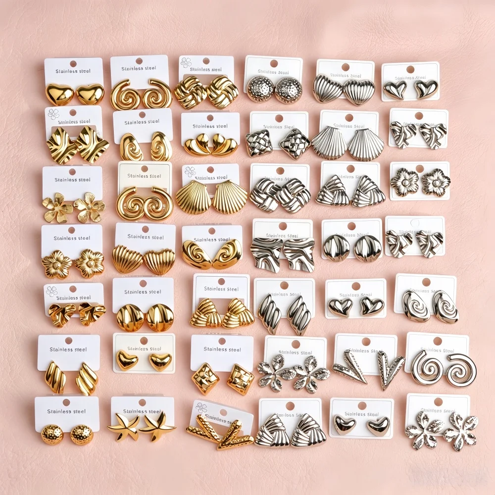 10/20Pairs Luxury Stainless Steel Stud Earrings Set For Women Heart Flower Twist Geometric Mix Trendy Jewelry Daily Party Gifts