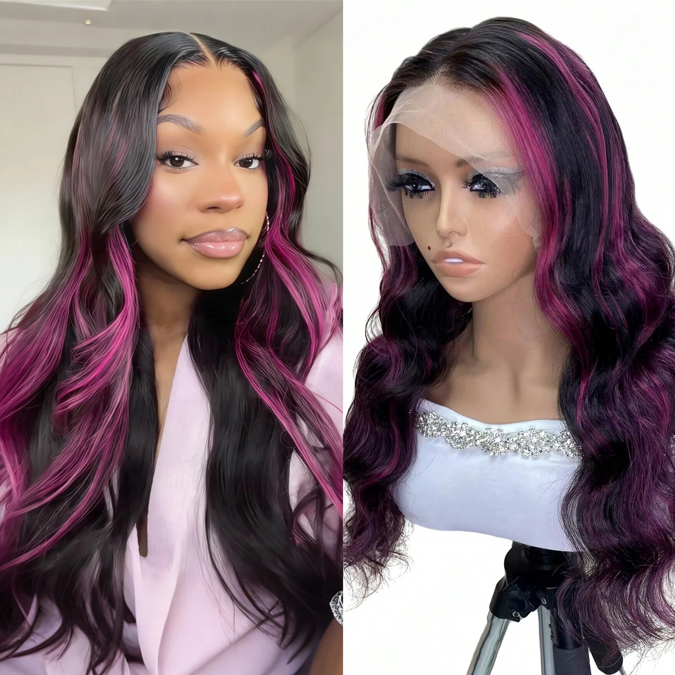 

Выделите розово-фиолетовый цвет человеческих волос Парики Объемная волна 13X4 Парики фронта шнурка Предварительно сорванный темно-фиолетовый парик для женщин