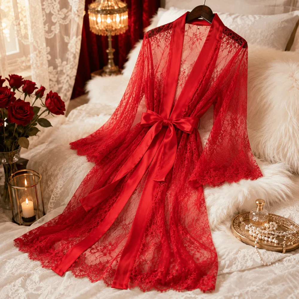 Long Sleeve Long Lace Robes Ultra-thin Nightdress Sheer Robes Dress Hollow Out Transparent Lace Night Robe Valentine's Day