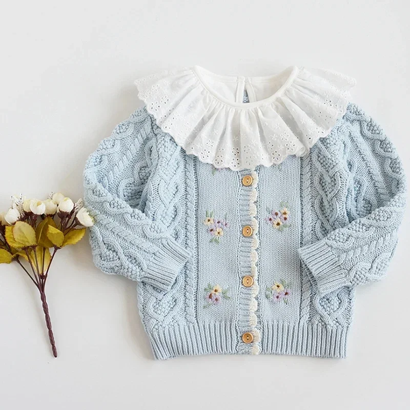 Baby Girls Cardigan Sweater Flower Embroidery Autumn Cotton Sweater Top Baby Clothing Toddler Girls Knitted Coat Winter Clothes