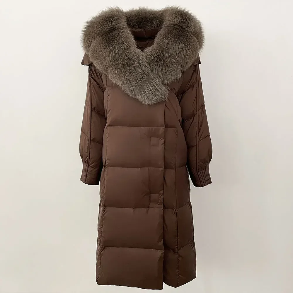 معطف نسائي بياقة من فرو الراكون الثعلب الحقيقي ، جاكيت مبطن بأوزة بيضاء ، معطف طويل من الفرو الطبيعي ، ملابس خارجية دافئة ، شتاء الأوروبي ، جديد