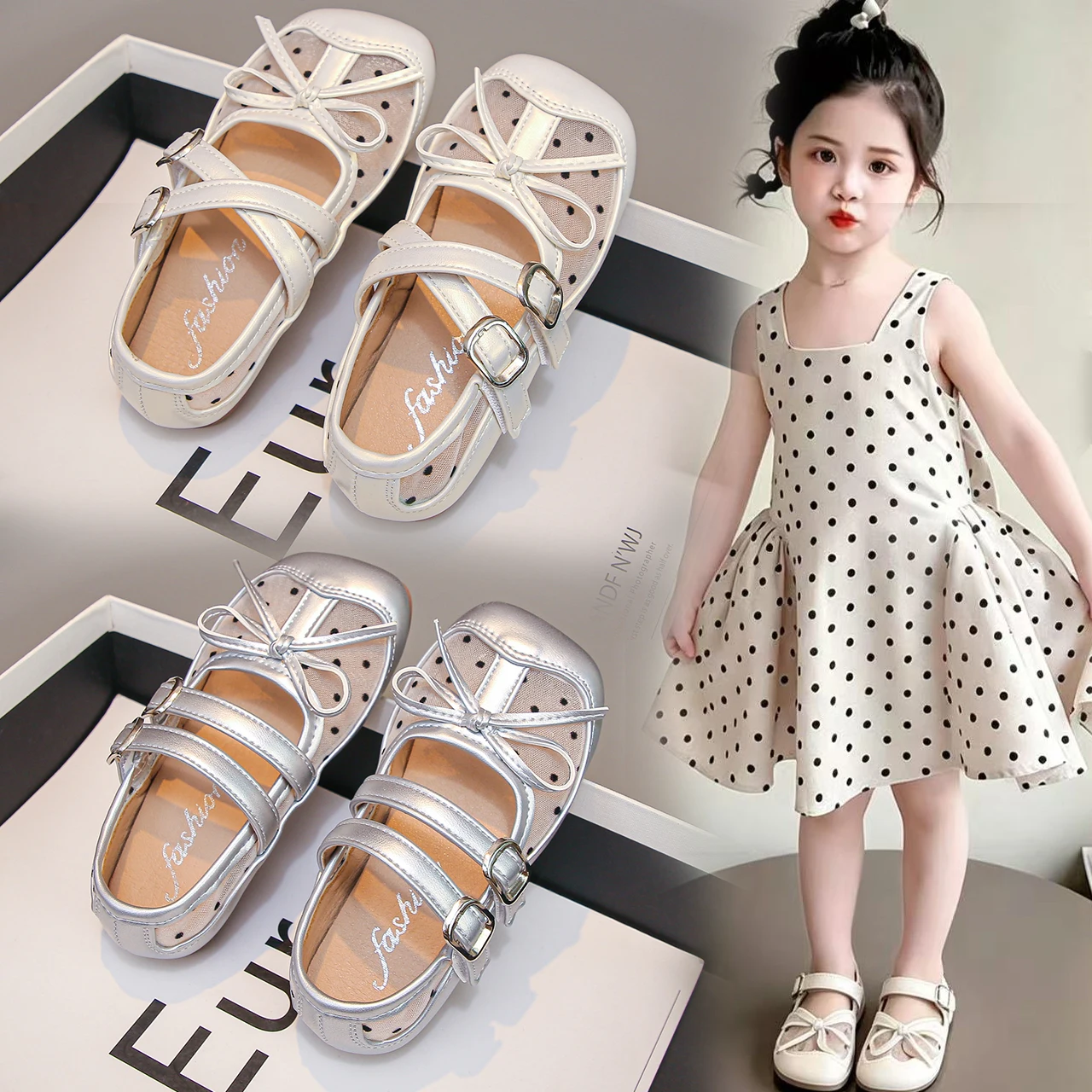 

Summer Kids Mary Jane Shoes Girls Hollow Out Breathable Sandals Bow Knot Double Buckle Flat Soft Sole Princess Shoes For Party