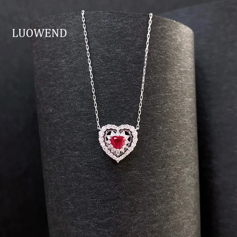 

LUOWEND 100% 18K White Gold Necklace Women Luxury Diamond Natural Ruby Ring&Necklace Romantic Heart Shape High Party Jewelry Set