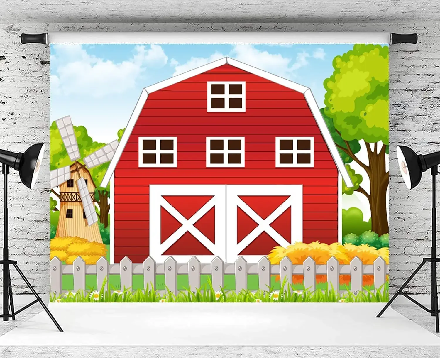 cartoon Farm Rustic Red Barn spring trees Kids children Birthday Baby Shower Party Banner  background photography backdrop