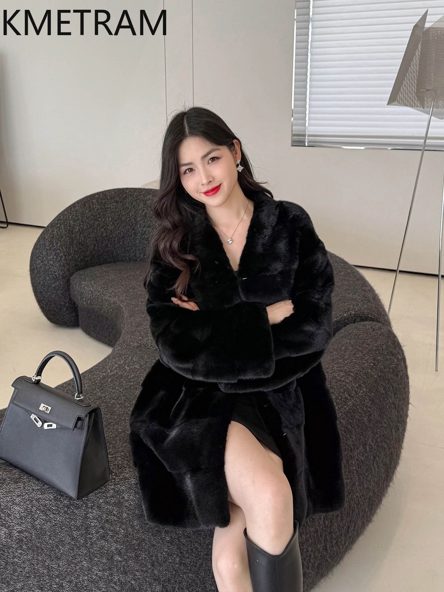 KMETRAM 100% abrigos de piel de visón mujer con cuello en V negro abrigo de piel auténtica longitud media fiesta invierno nueva ropa de abrigo 2025 fourrures femmes