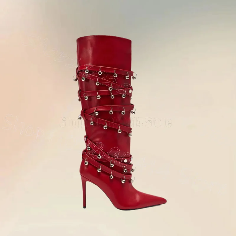 أحذية نسائية بمسامير دائرية معدنية باللون الأحمر بمقدمة مدببة وسحاب جانبي أحذية نسائية بكعب عالي رفيع موضة الحفلات والمواعدة 2025 Zapatos Para Mujere #1
