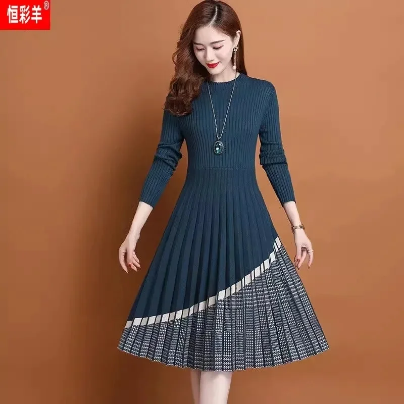 Fashion Color Matching Sweater Women Dress Autumn Winter New Upscale Medium Long Knitting Wool Bottoming Temperament Dress