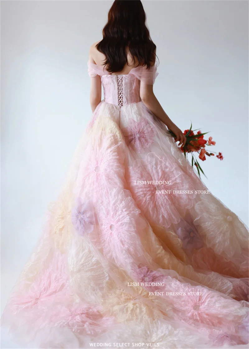 LISM Fairy Flowers Tulle A-Line Evening Dresses Korea Photo Shoot Off The Shoulder Wedding Prom Gowns Corset Back Formal Dress