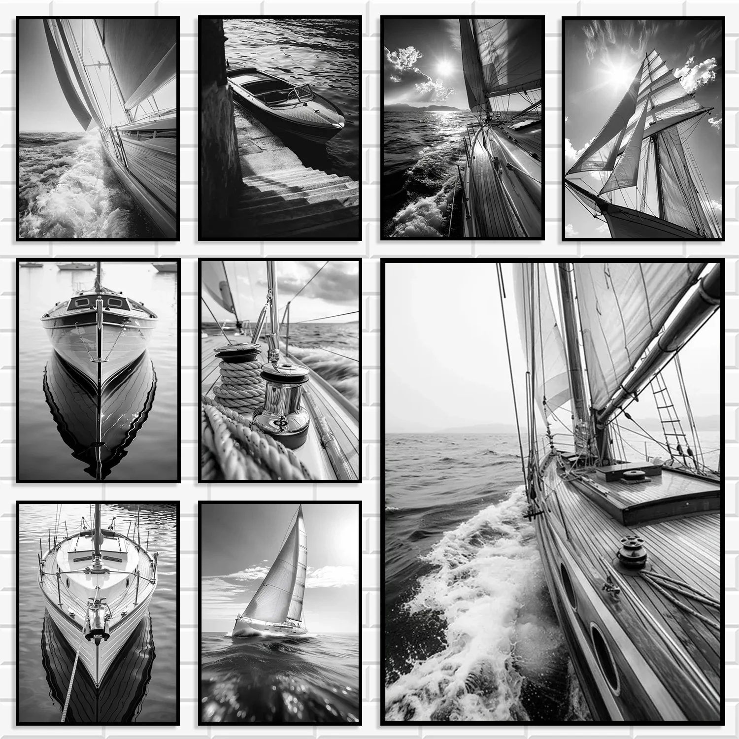 Black White Sailing Boat Canvas Wall Art Nautical Ocean Yacht Poster Set Coastal Style Living Room Bedroom Home Wall Decor