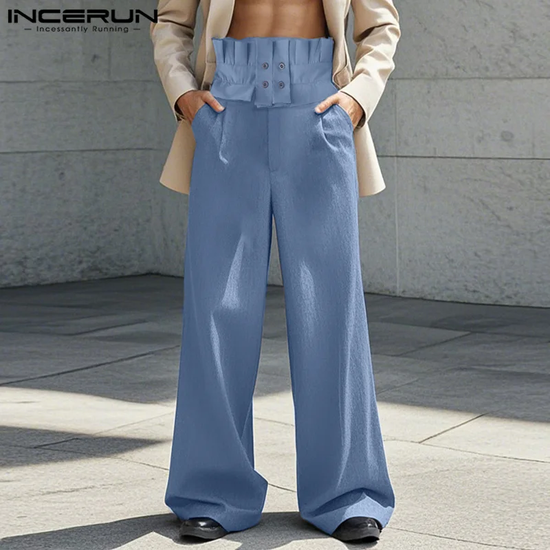 INCERUN Men Pants Fashion Solid Color Loose Joggers High Waist Male Long Pants Casual All-match Pantalons Trousers Men S-5XL