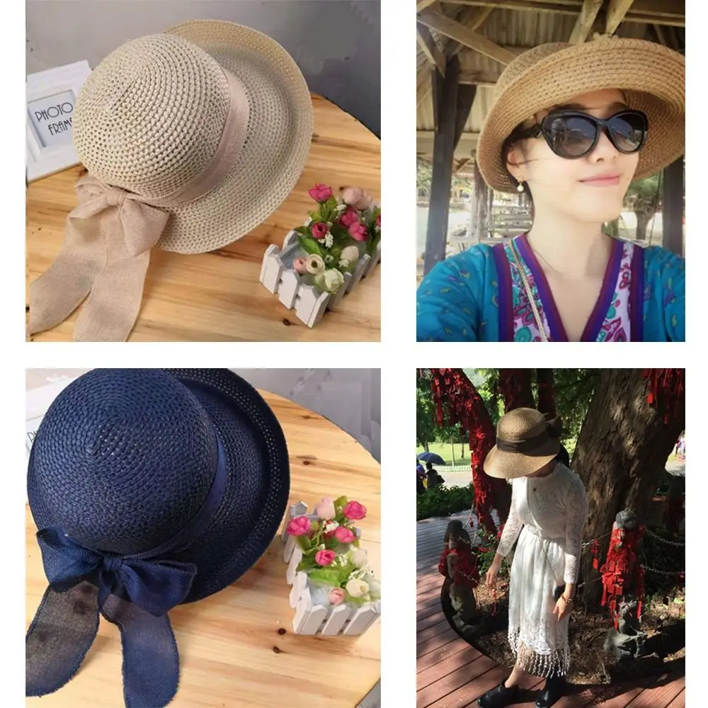 Fashion With Ribbon Travel Foldable Straw Hat Summer Hat Beach Outing Sun Hat UV Protection Visor