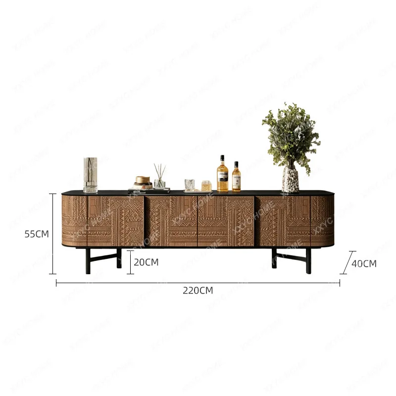 Medieval solid wood engraved TV cabinet, living room storage locker against the wall, light luxury audio-visual cabinet