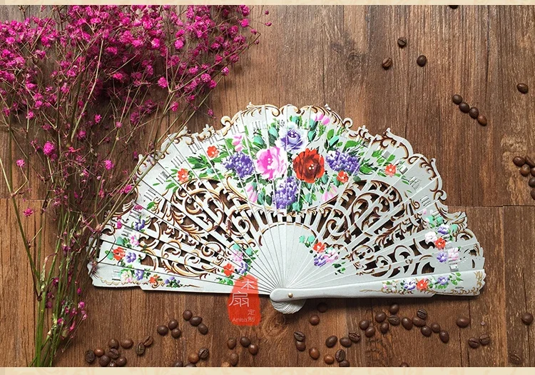 Spanish Style Wooden Fan Custom Dance Fan Portable Tool Hand Painted Outdoor Wedding Favours