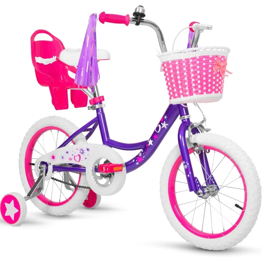 

14 16 20 Inch Bike for Girls Aged 3-12 Years Old with Training Wheels Streamers Basket Doll Seat and Coaster Brake Ideal for Ou