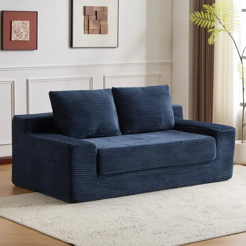 Modern Deep Seat Loveseat Sofa Bed, Small Corduroy Couch for Living Room or Bedroom, Reversible Cushions with Pillows, No