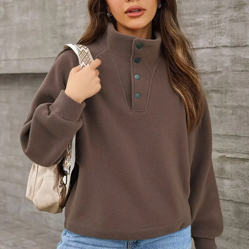 

Women's Fleece Mock Neck Sweatshirt - Button Detail Loose Casual Long Sleeve Pullover for Fall & Winter Tops Thick