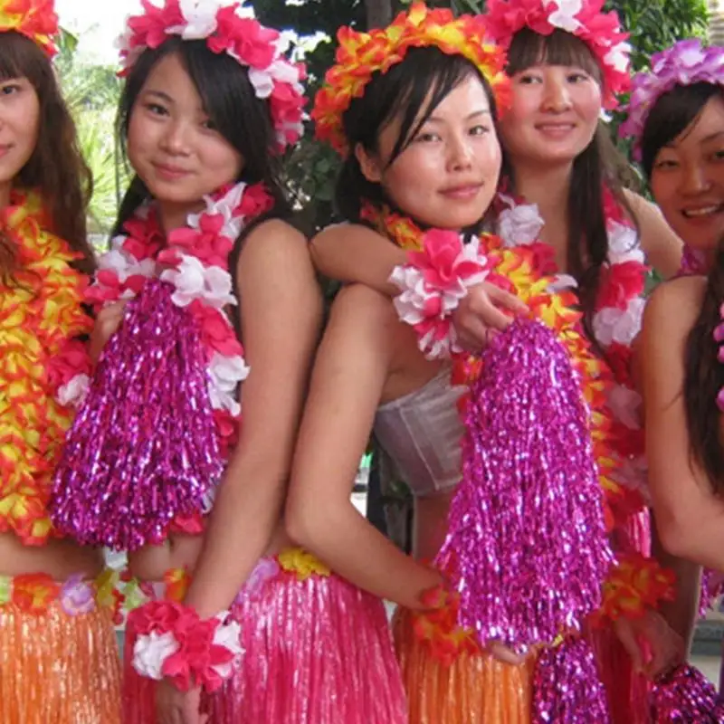 652F 5-teiliges Hawaii-Luaus-Hulas-Grasrock mit Blumenkostüm-Set, Blumenarmbänder, Stirnband, Halskette für Damen und Mädchen