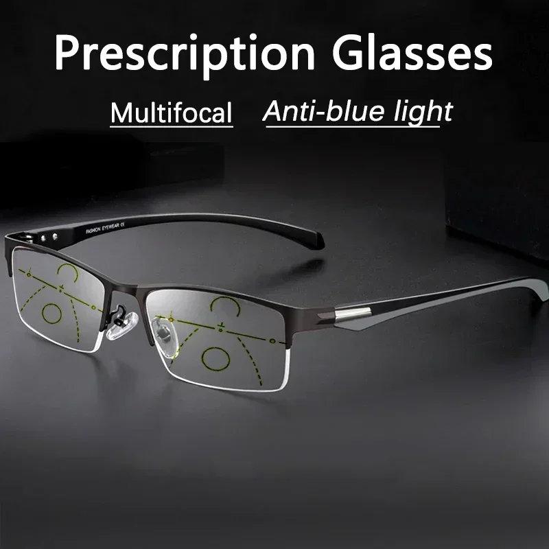 Progressive Multifokale Photochrome Lesebrille Anti-blau Licht Weit Anblick Gläser Männer Halb Rahmen Business Presbyopie Brille – Detail 9