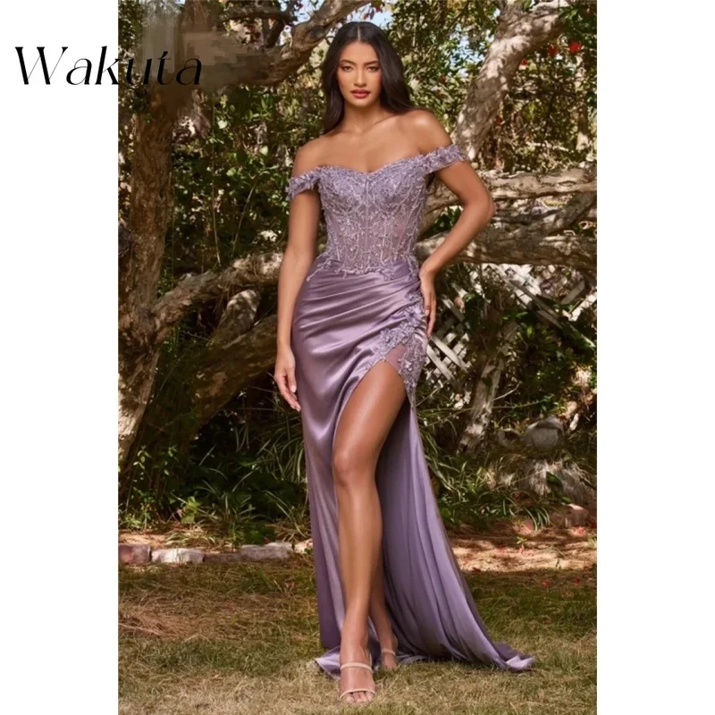 Wakuta Sexy Strapless Women\'s Satin Ball Dress Lace Inlaid High Slit Maxi Formal Evening Vestidos De Graduación فستان سهرة 2024