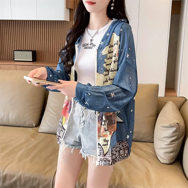 Sunscreen Clothes Ice Silk Summer Sunscreen Clothes Anti UV Coat Women's Summer New Cardigan Coat Hooded Printed Windbreaker