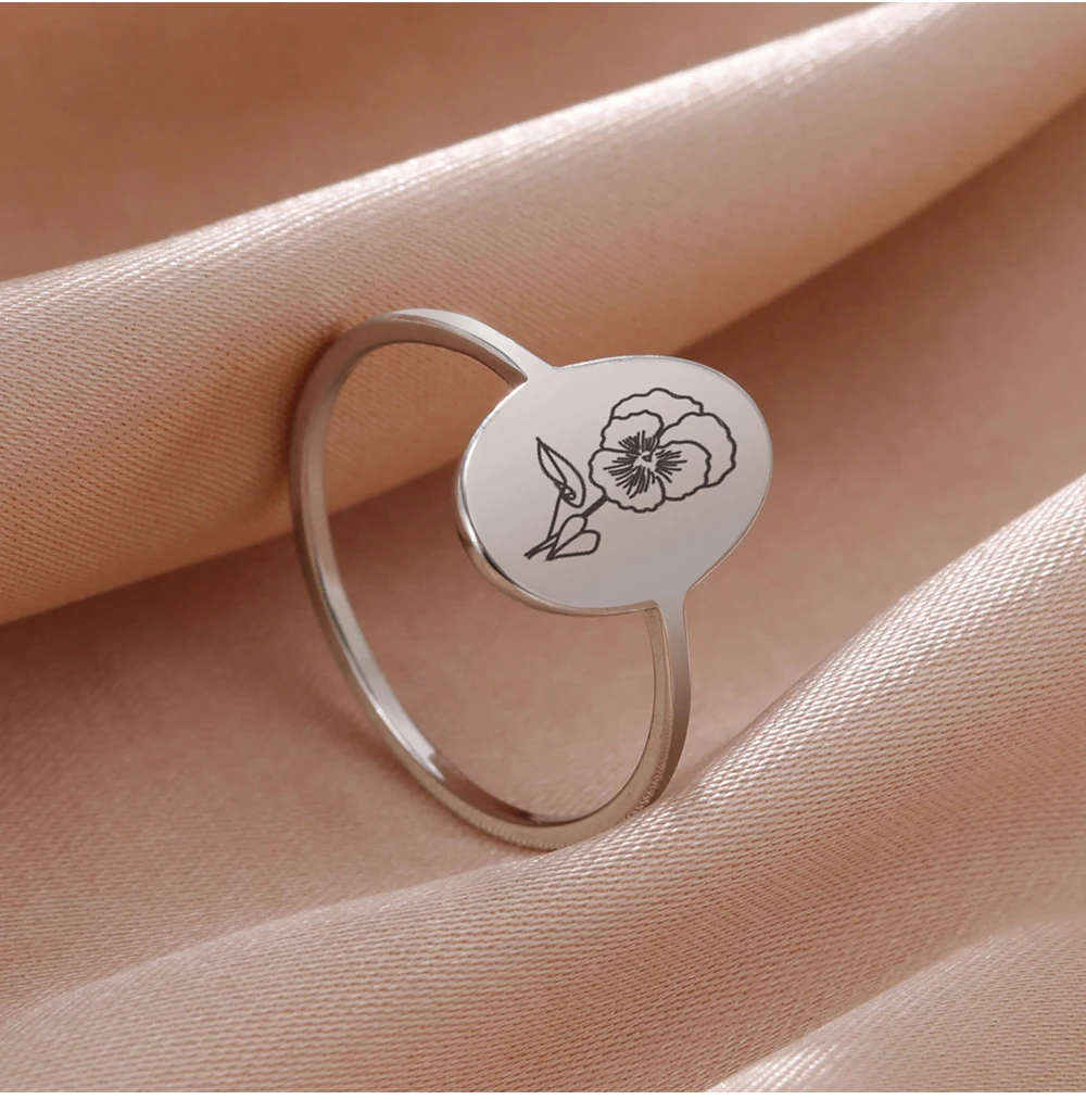COOLTIME Blumenringe zum 12. Geburtsmonat für Frauen, Edelstahl, oval, Siegel, ästhetische Ringe, Schmuck, Freund, Liebhaber, Geburtstagsgeschenk – Detail 10