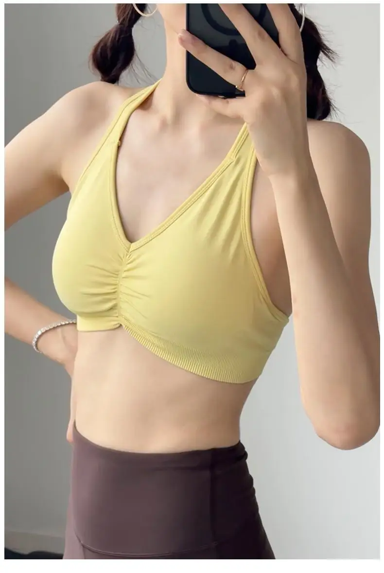 حمالة صدر رياضية لليوجا عالية التأثير قابلة للتعديل على شكل حرف T - رقبة رسن، بدون ظهر، سريعة الجفاف، قميص بدون أكمام لصالة الألعاب الرياضية مقاوم للصدمات