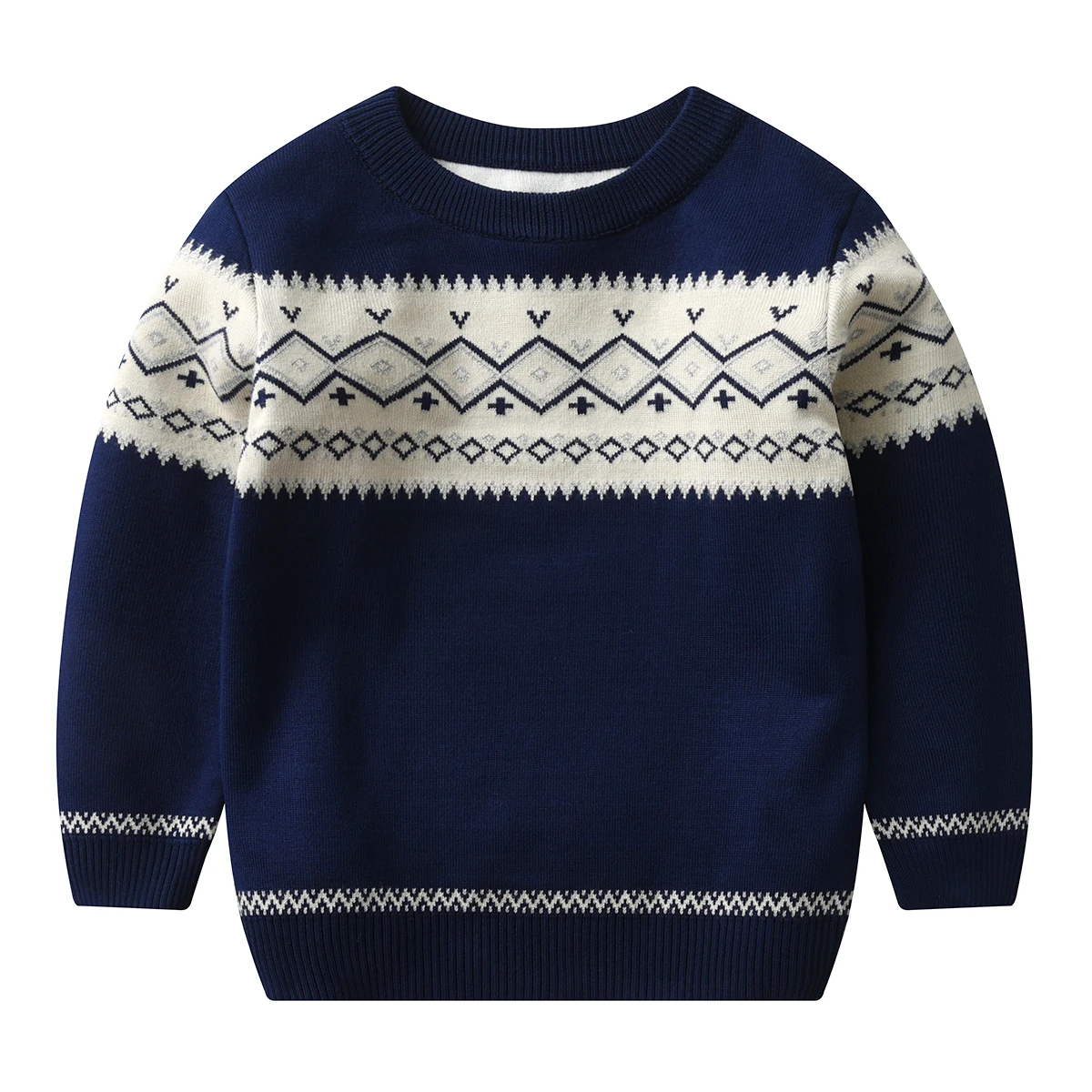 Boys' Knitted Sweater with Color Blocked Checkered Pattern Jacquard Round Neck Sweater Long Sleeved Pullover for Autumn and Wint