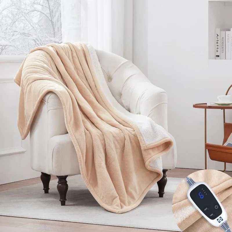 Heated Blanket Electric Throw, Flannel & Sherpa Heating Throw with 6 Heat Settings & 2-10 Hours Auto Shut Off, Fast Heating