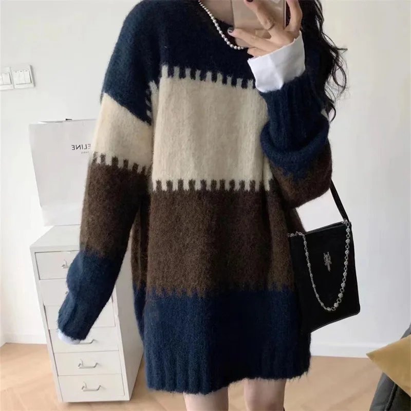 Women New Style Korean Version Colorblock Stripes Dropped Shoulder Pullover Vintage Recreational Versatile Blouse Autumn E3370