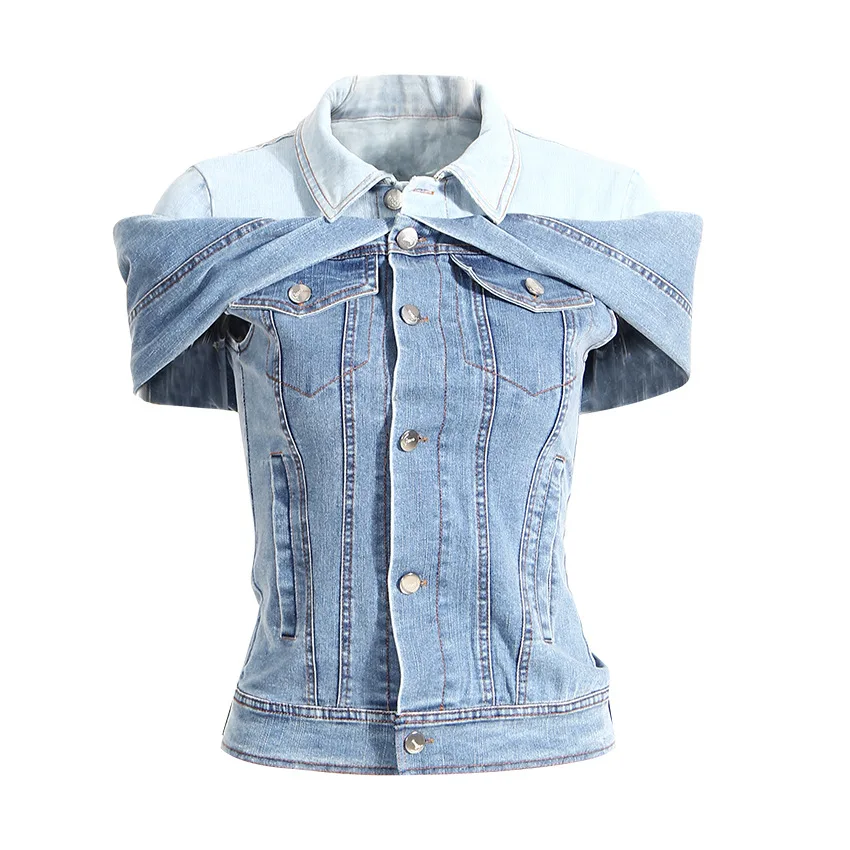 

Denim Jacketwomen's Stylewomen's New 2024 Spring And Autumn New Y2k Sweet Cool Color Blocked Fake Two Piece Off Shoulder Stacked