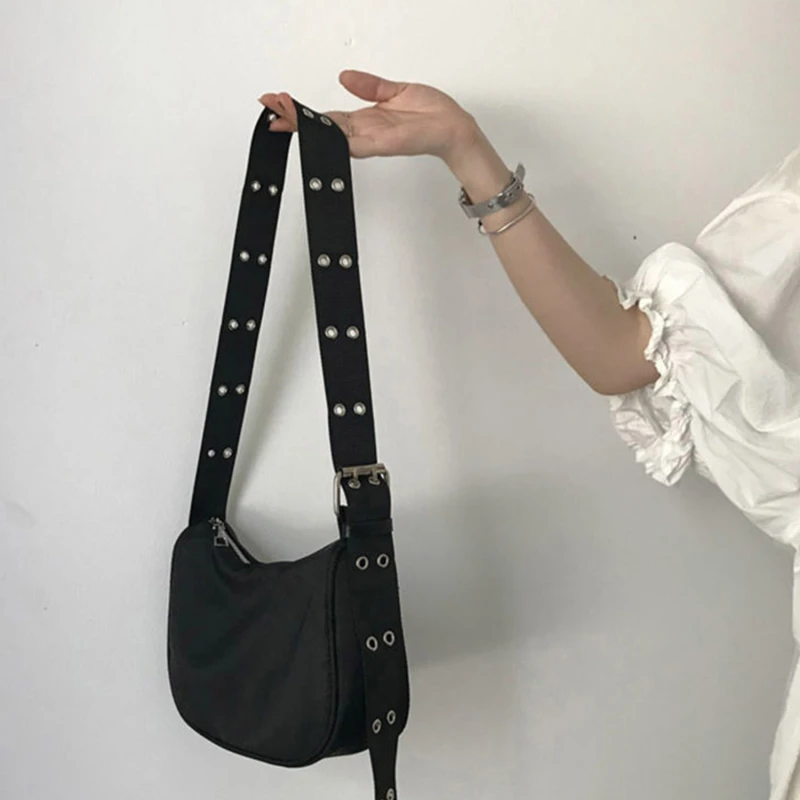 Borse a tracolla donna cinturino regolabile Chic nero semplice Harajuku per studenti borsa a tracolla con cerniera in tela popolare High Street