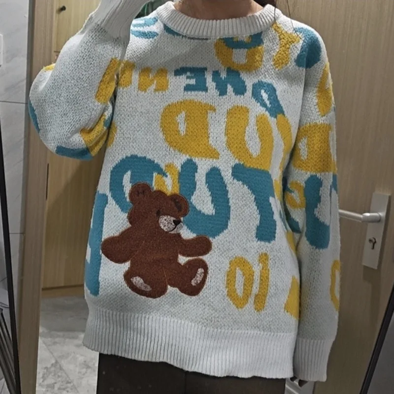 

Kawaii Animal Bear, большие вязаные пуловеры, свитер Y2k 2000-х годов, эстетический повседневный новый трикотаж, верхняя одежда, женская одежда 90-х годов