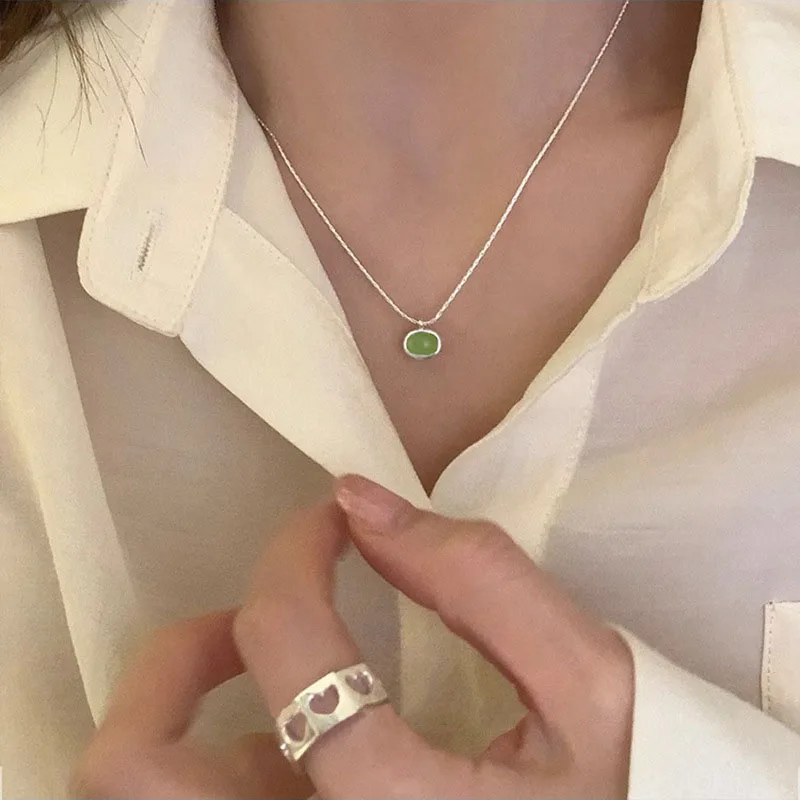 PANJBJ 925 Sterling Silver Mint Green Crystal Necklace For Women Girl Korean Summer Sweet Jewelry Birthday Gift Dropshipping