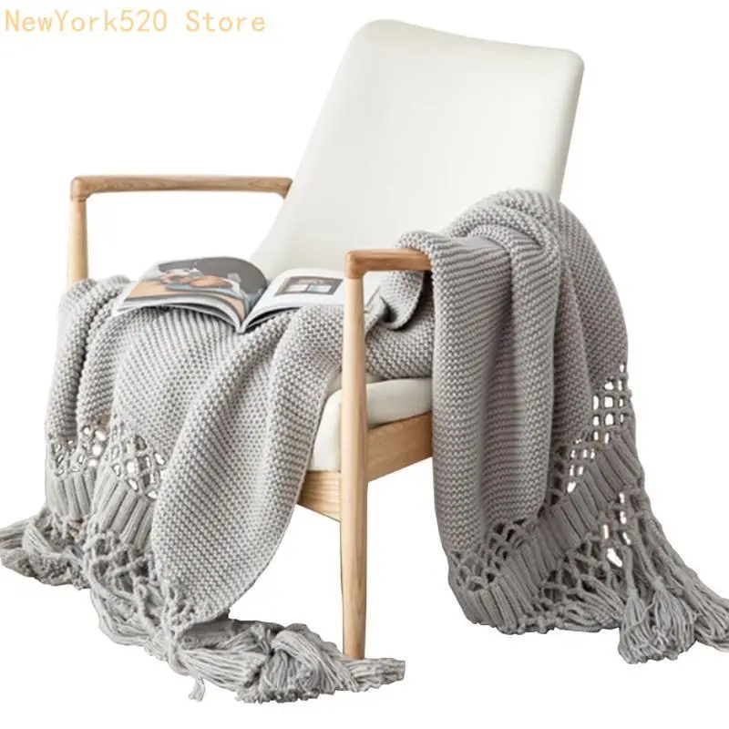 Nordic Sofa Chunky Knitted Throw Blanket with Tassels Stylish Hand-Knit Hollow Out Color Air Conditioning Shawl Cover N84C